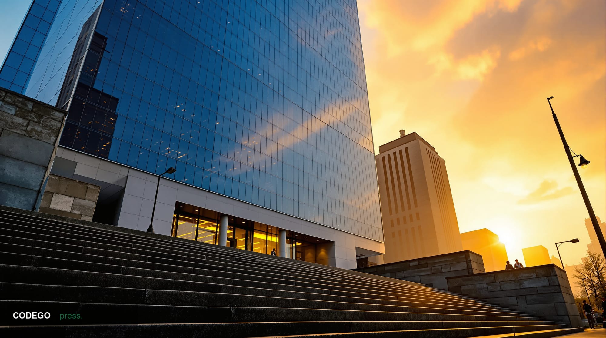A dramatic cinematic editorial photograph taken at low angle looking up at a monolithic glass-and-steel financial district to