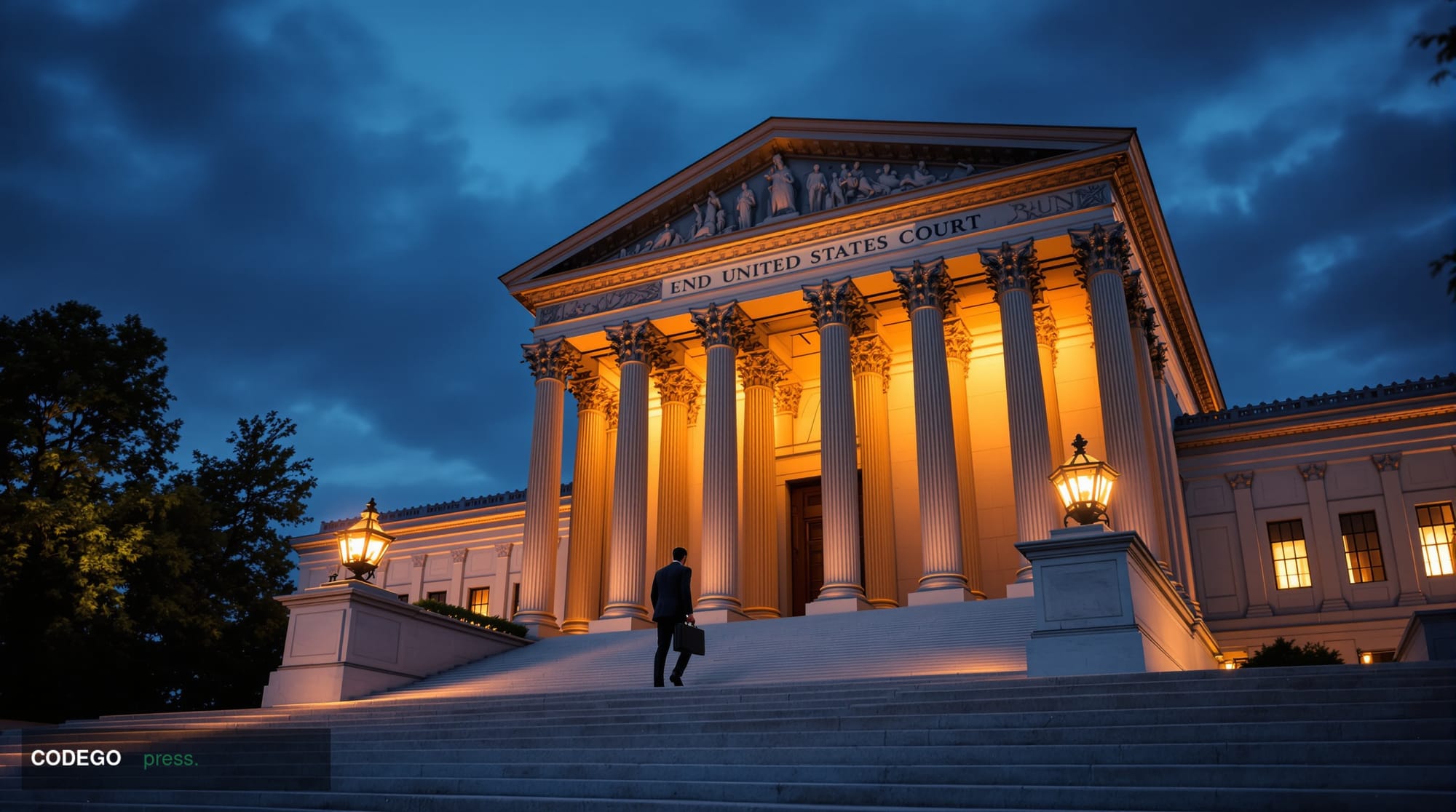 A dramatic wide-angle photorealistic editorial photograph of the neoclassical marble facade of the United States Supreme Cour