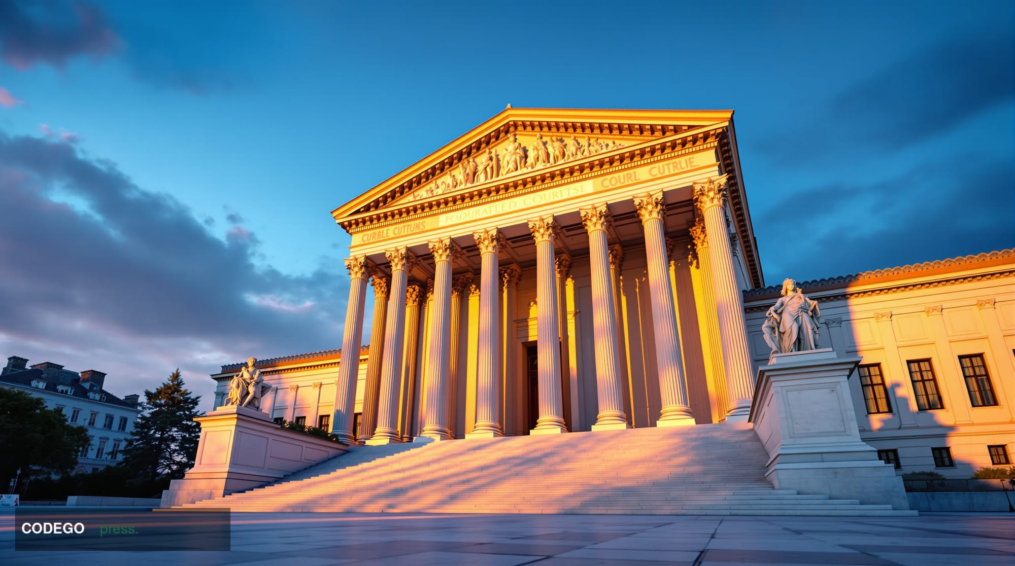 A grand neoclassical marble courthouse exterior photographed at dramatic golden-hour dusk from a low wide-angle perspective, 