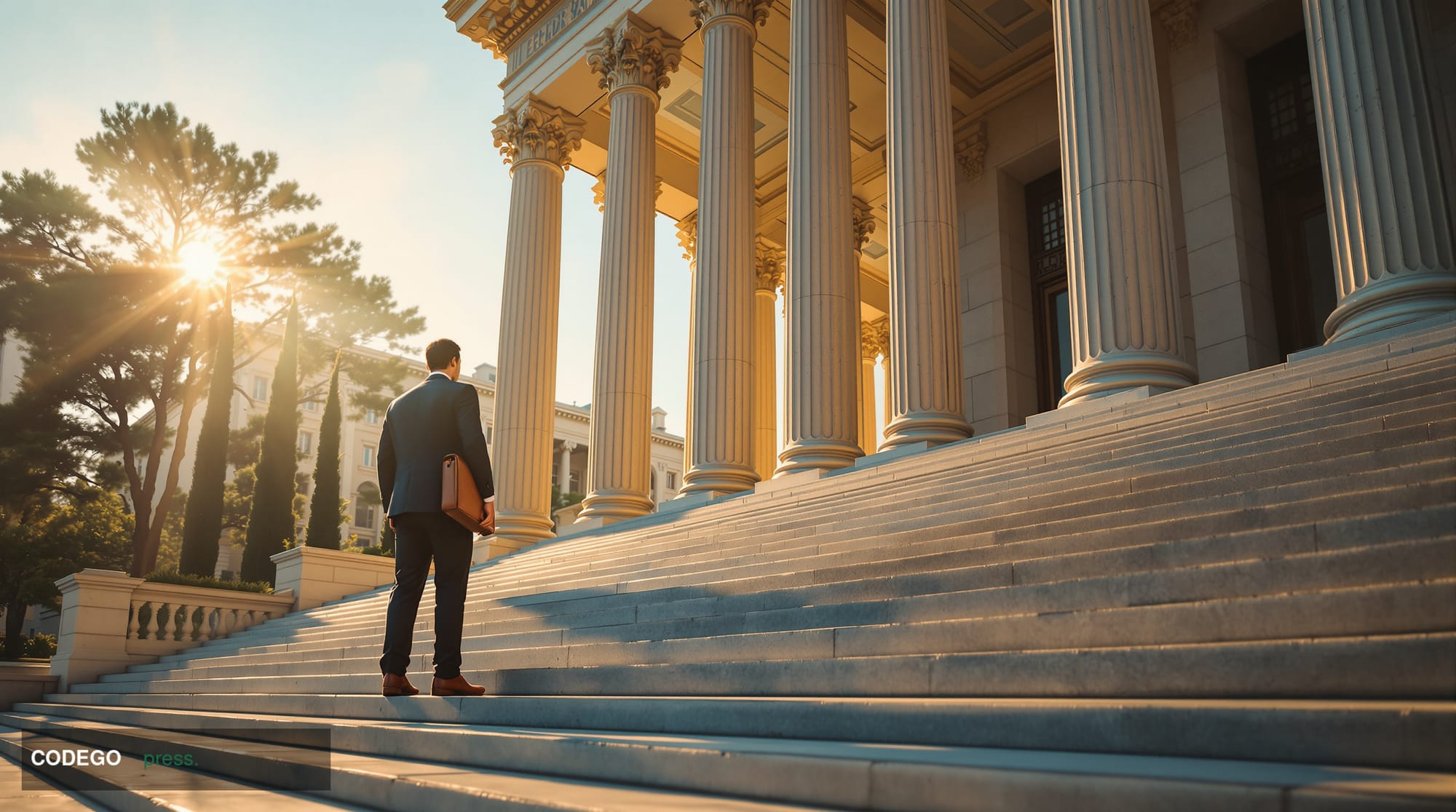 A photorealistic editorial photograph of a grand neoclassical government regulatory building in Nicosia, Cyprus, captured at 