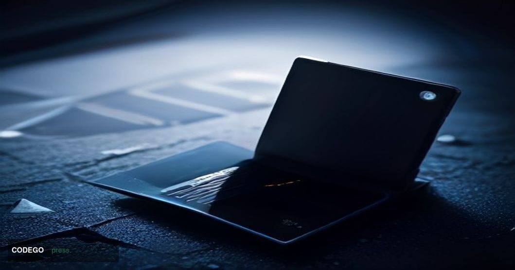 A dramatic close-up editorial photograph of a black hardware cryptocurrency wallet device sitting on a cracked glass surface,