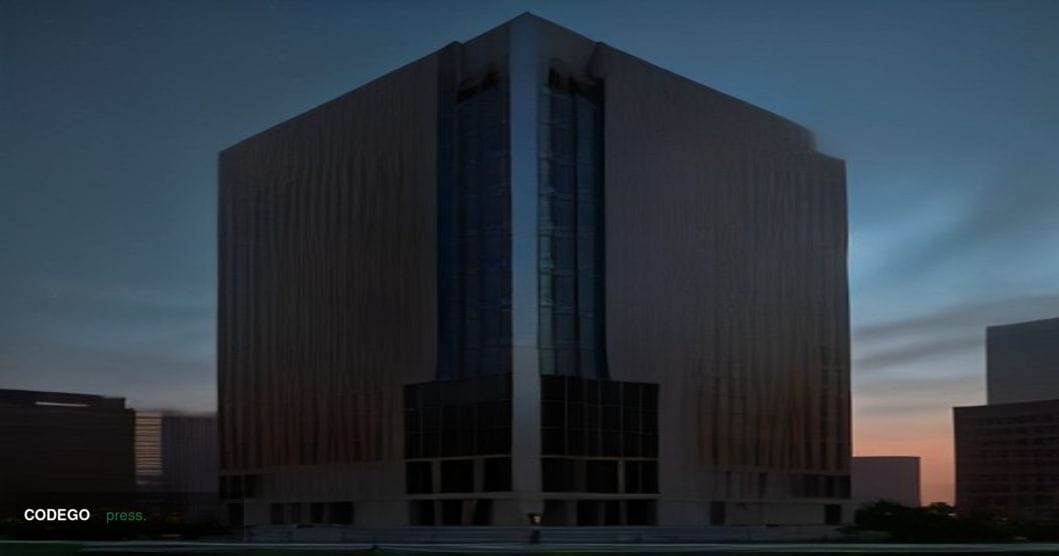 A wide-angle cinematic shot of the Federal Reserve Bank of Dallas's brutalist stone and glass headquarters in downtown Dallas