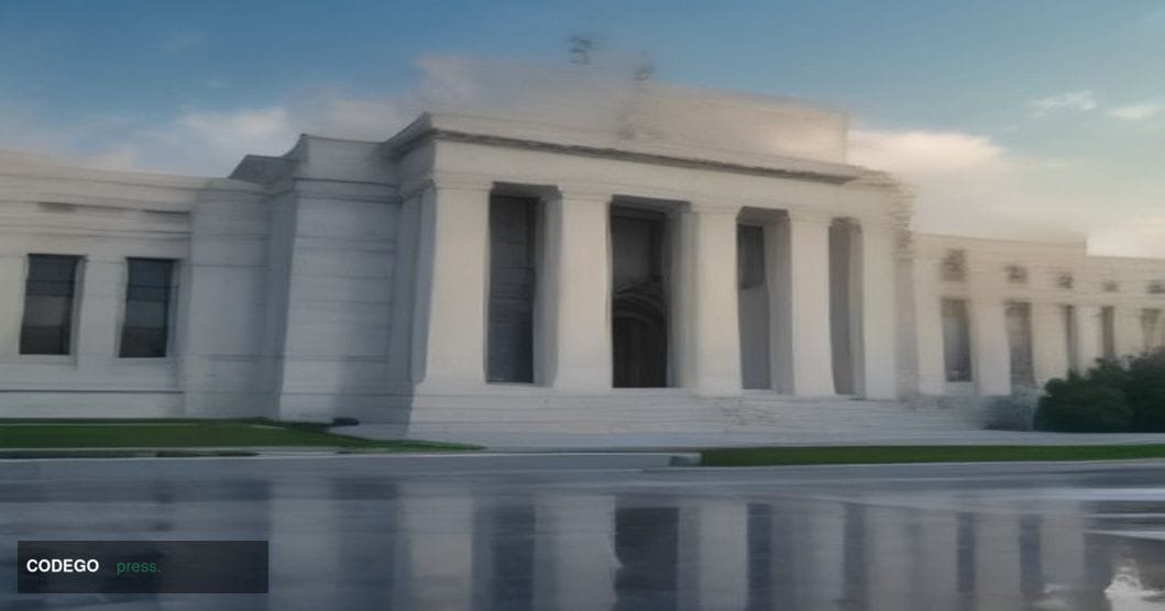 A cinematic editorial photograph of a monumental neoclassical Federal Reserve bank building exterior at dusk, shot from a low