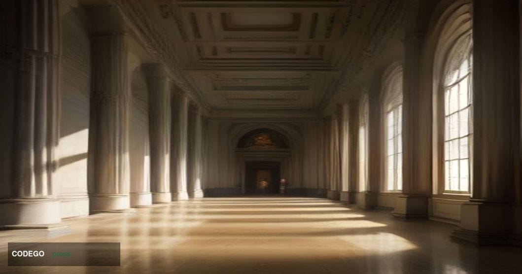 A dramatic cinematic editorial photograph set inside a grand neoclassical banking hall, with soaring marble columns and polis