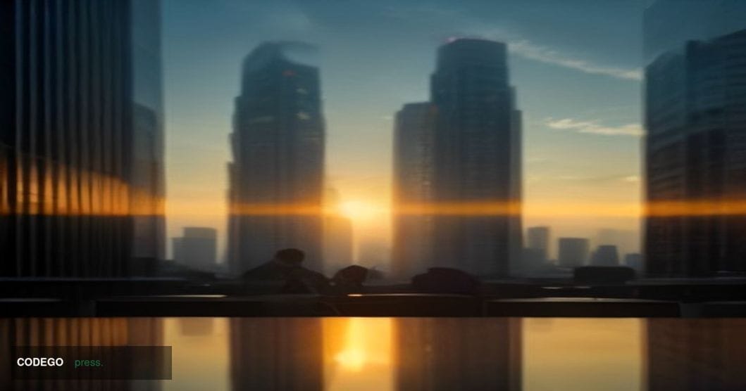 A cinematic editorial photograph set in Singapore's central business district financial corridor, shot from a low angle looki