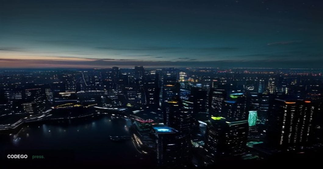 A cinematic editorial photograph depicting a dramatic aerial view of Singapore's Marina Bay financial district at dusk, with 