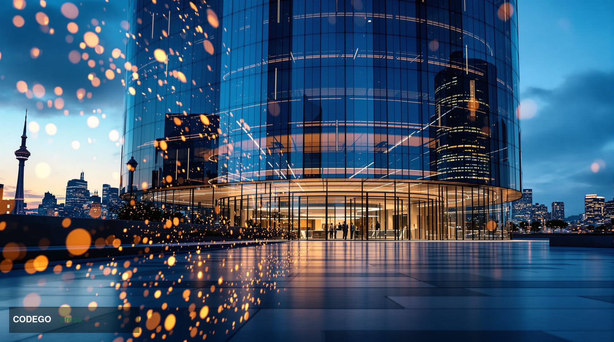 A cinematic editorial photograph of a sleek, modern glass-and-steel bank tower in Singapore's Marina Bay financial district a