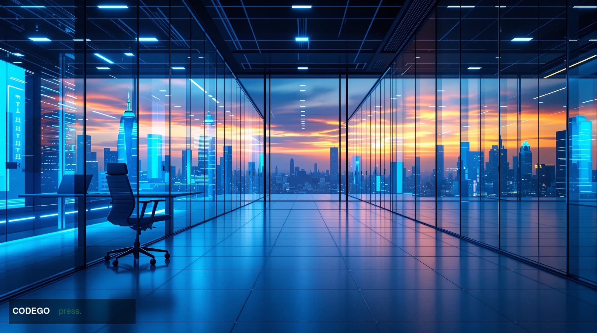 A cinematic editorial photograph set inside a sleek, minimalist enterprise technology office corridor, shot from a low angle 