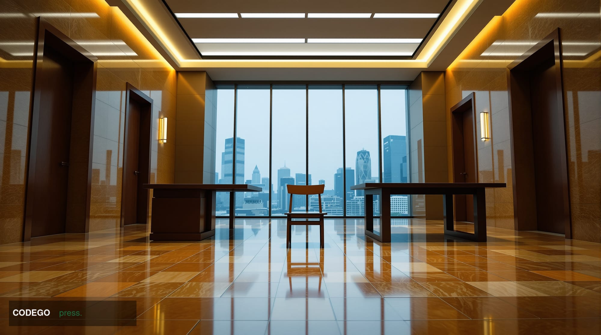 A dramatic courtroom-adjacent corridor inside a modern South Korean judicial building, shot from a low angle looking up towar