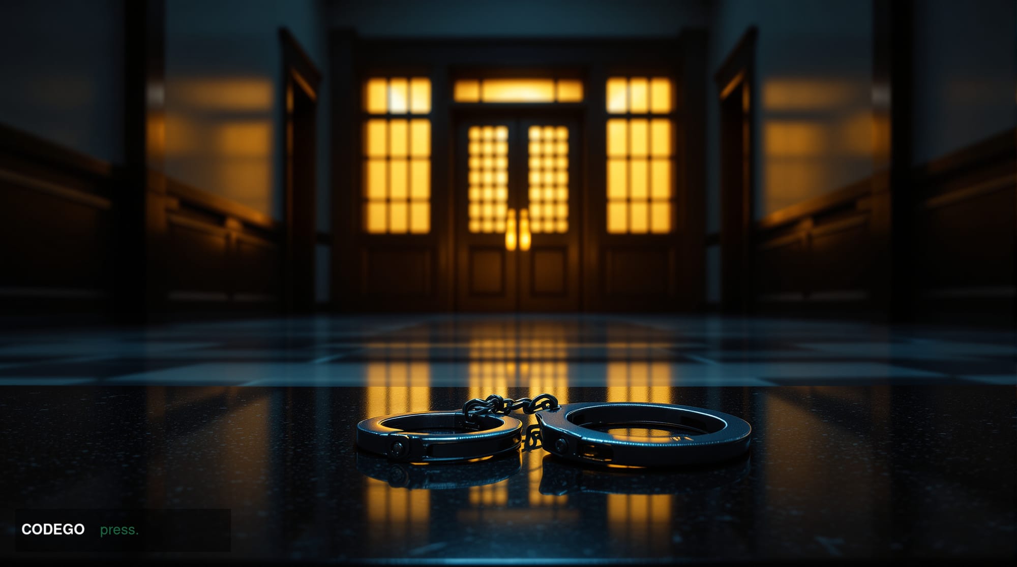 A cinematic editorial photograph set inside a stark South Korean courthouse corridor, shot from a low angle looking up toward