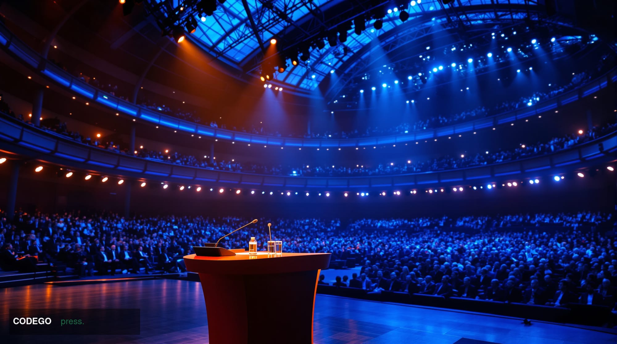 A grand European financial summit hall in Amsterdam, captured from a low wide-angle perspective looking up toward an elevated