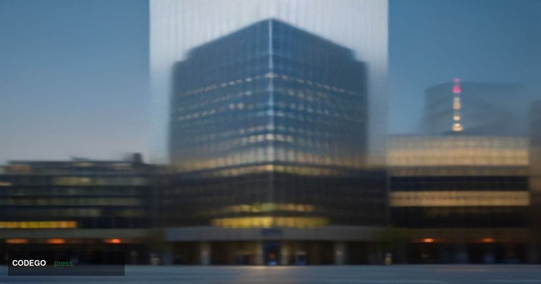 A dramatic cinematic editorial photograph of the Deutsche Bank twin tower headquarters in Frankfurt, Germany, shot at dusk fr