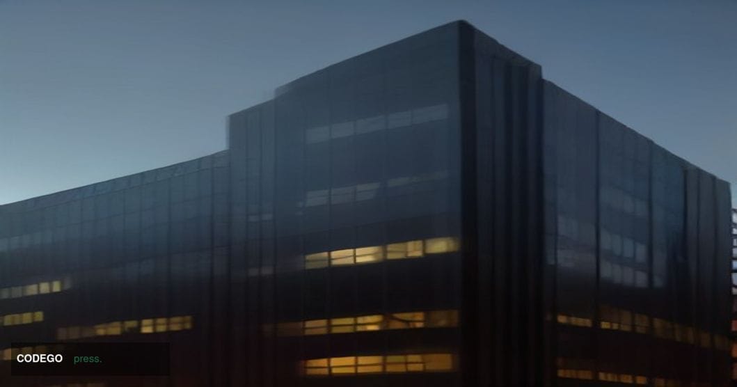 A dramatic cinematic editorial photograph of a monumental German banking headquarters exterior at dusk — a towering glass-and