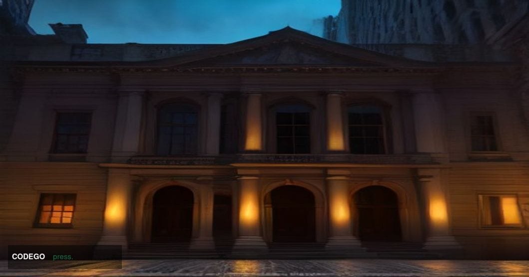 A photorealistic editorial photograph of a grand neoclassical stone building exterior in Lower Manhattan at dusk, with warm a