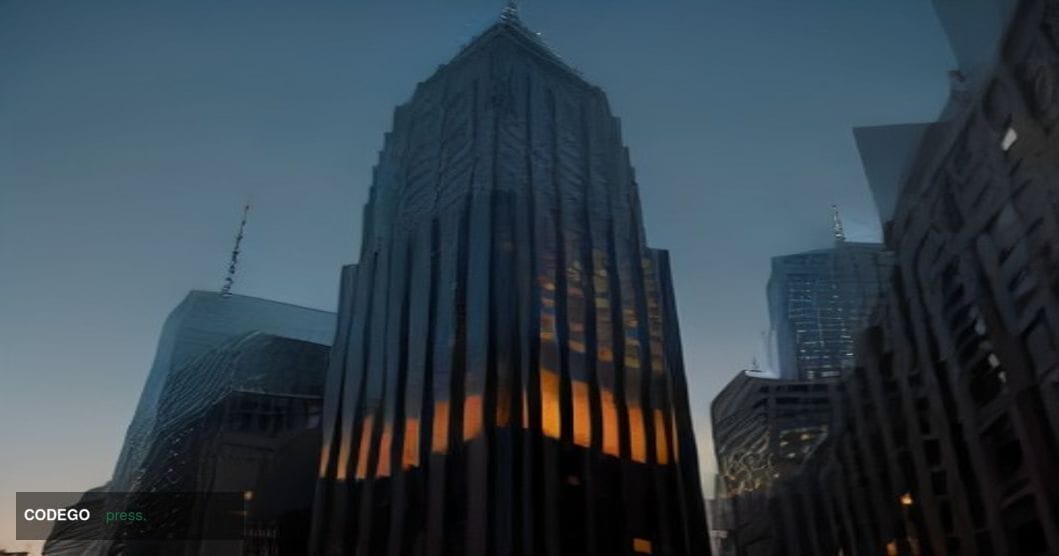 A cinematic editorial photograph of a stately glass-and-stone financial district office building in lower Manhattan at dusk, 