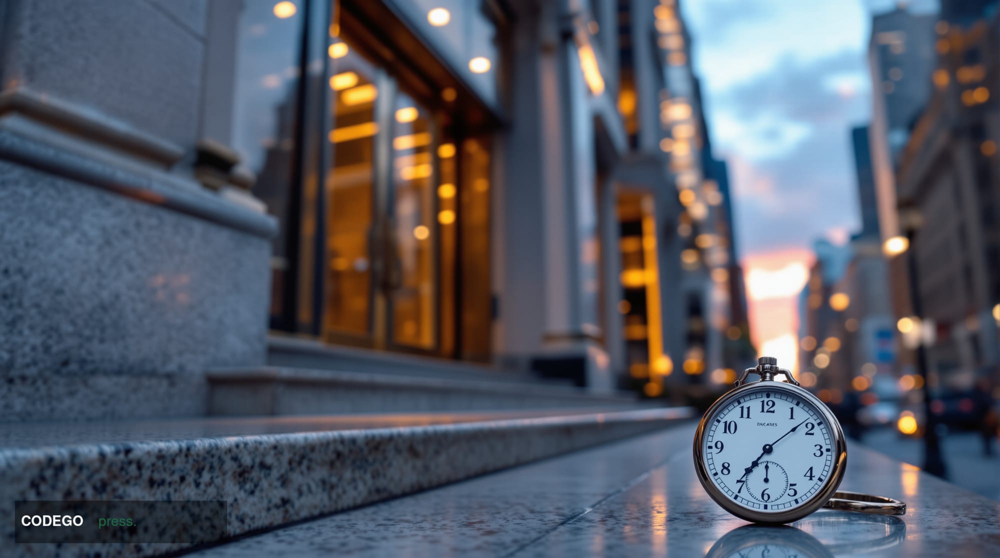 A cinematic editorial photograph capturing the grand exterior of a classic Midtown Manhattan financial district building at d