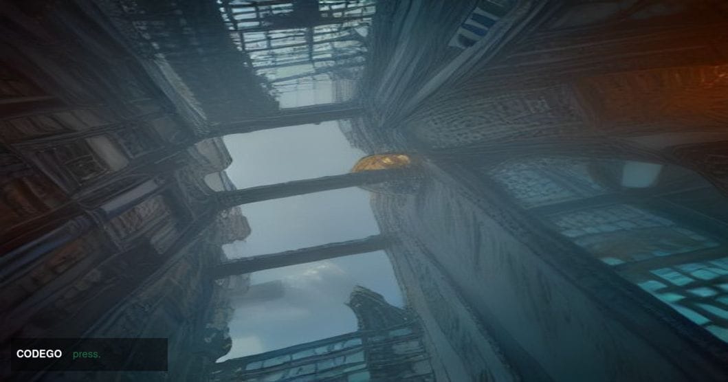 A dramatic wide-angle shot of the New York Stock Exchange trading floor viewed from a low camera angle looking upward toward 