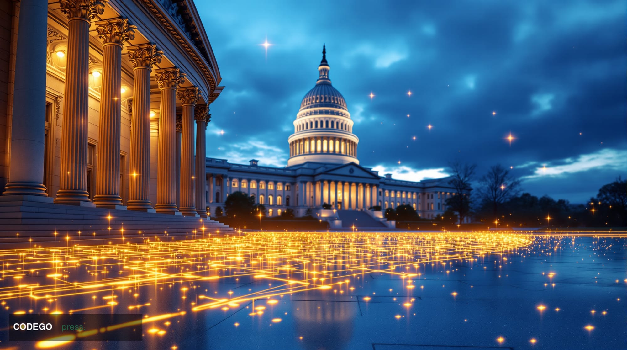 A wide-angle cinematic shot of a grand neoclassical American state capitol building at golden hour, its limestone columns bat