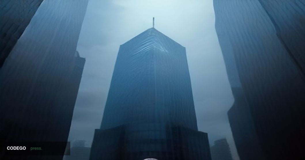 A dramatic cinematic editorial photograph shot at ground level looking upward at the glass and steel facade of the European C