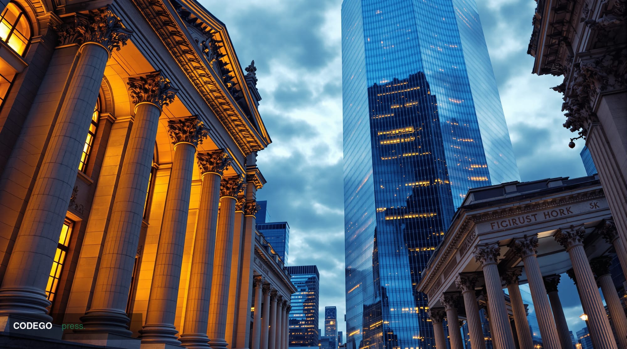 A dramatic cinematic editorial composite scene set in a vast, glass-and-steel financial district at dusk, with three distinct
