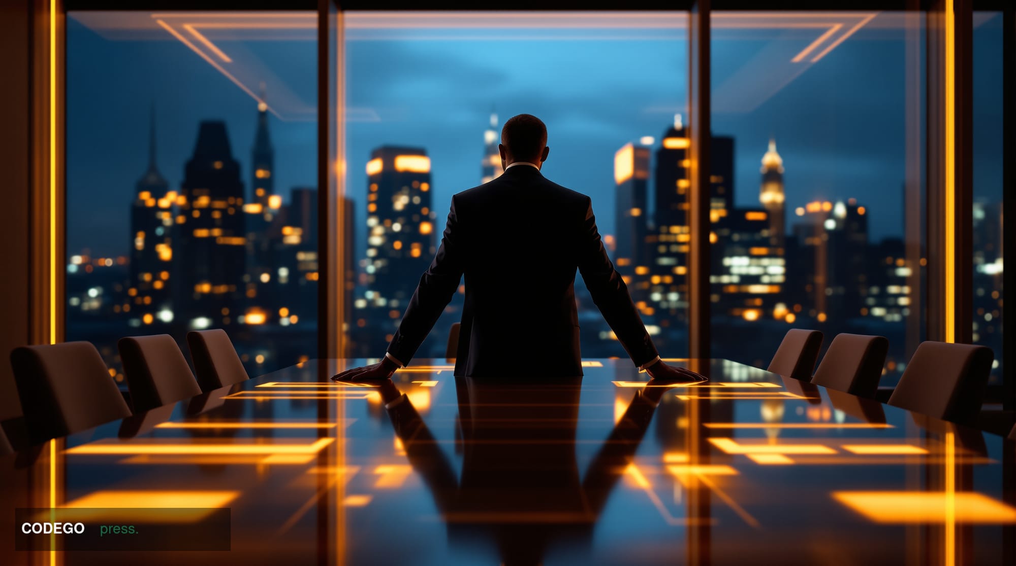 A dramatic cinematic editorial photograph set inside a sleek, minimalist Manhattan family office boardroom at twilight, bathe