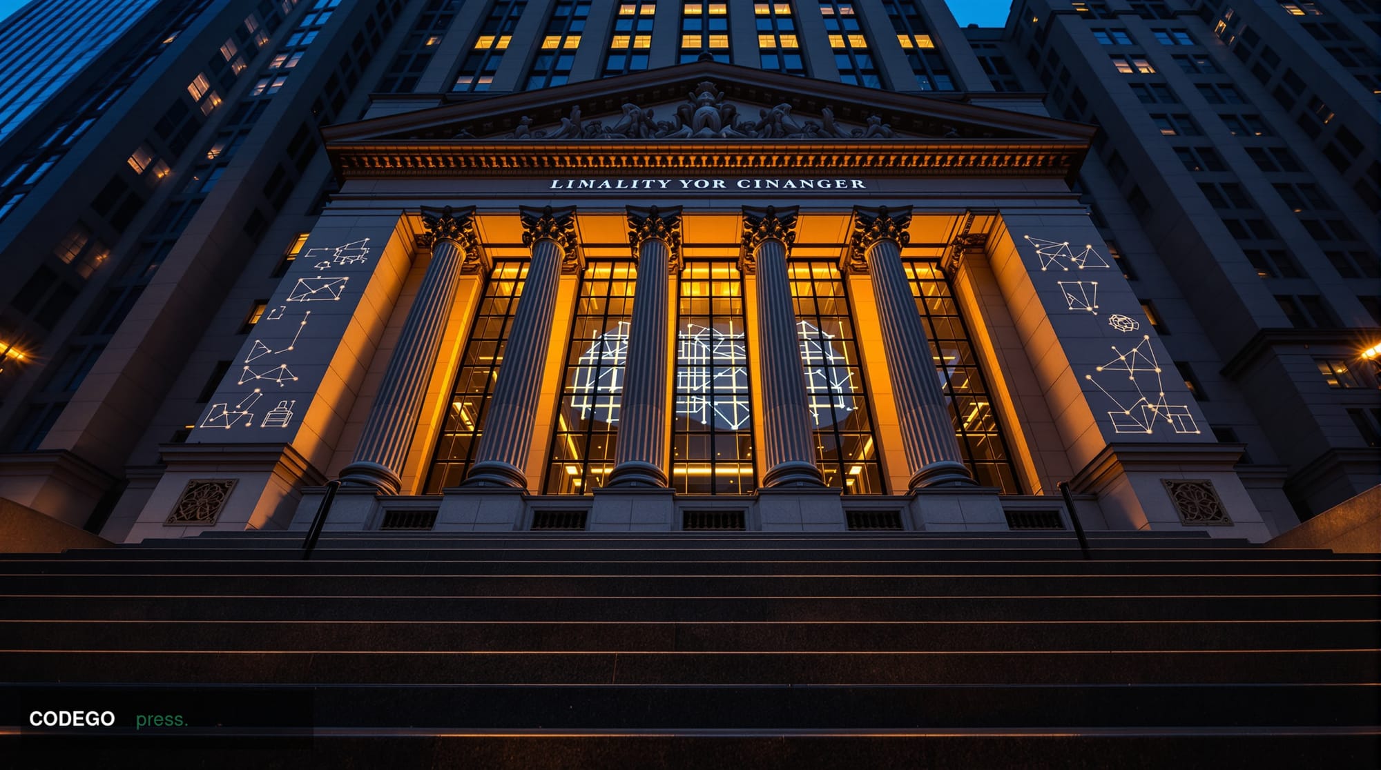 A dramatic cinematic editorial photograph taken from a low angle looking up at the iconic neoclassical stone facade of a majo