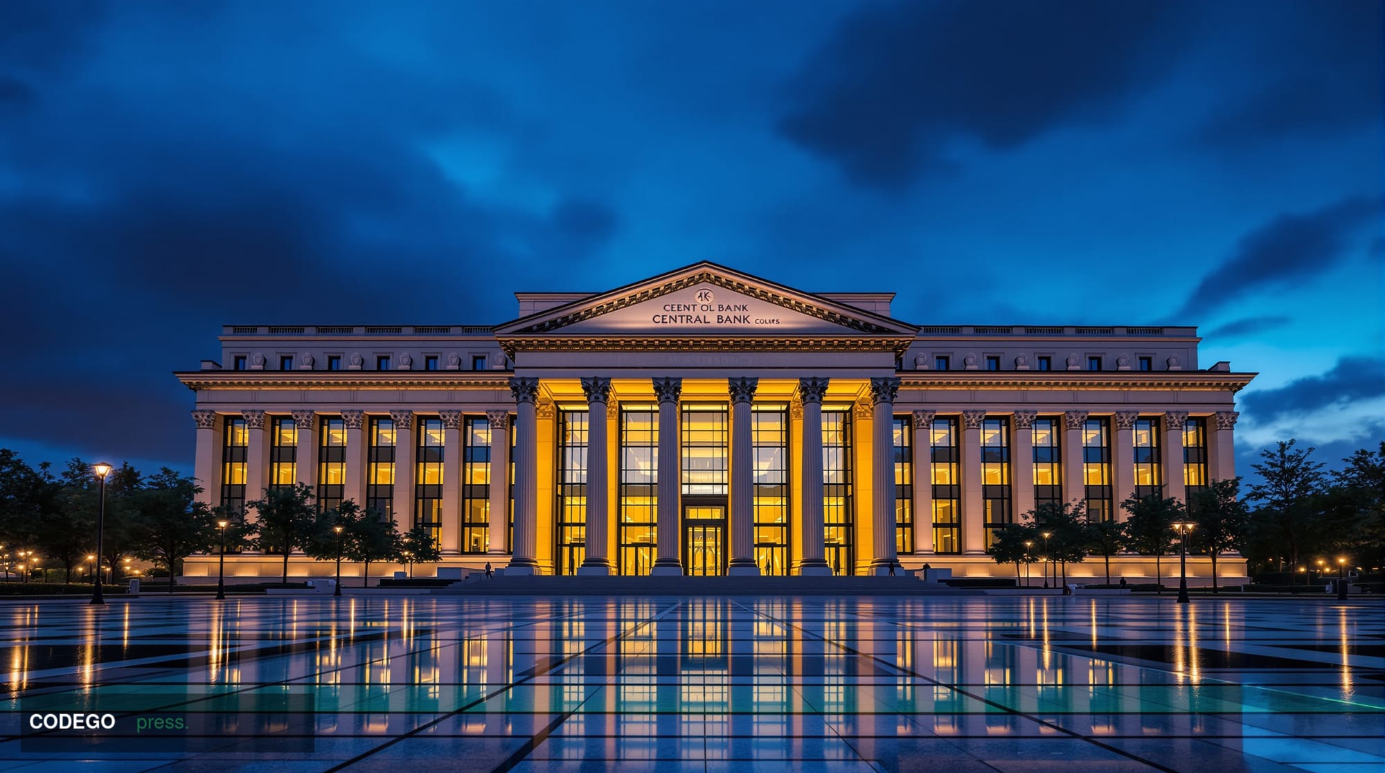 A grand neoclassical European central bank building exterior photographed at twilight from a low-angle perspective, its tower