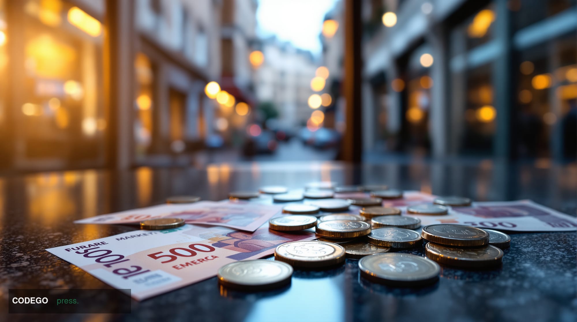 A photorealistic editorial close-up of multiple euro banknotes and coins spread across a dark polished surface inside what ap