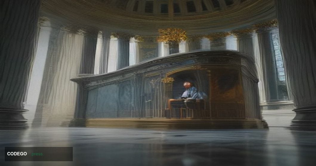 A dramatic close-up editorial photograph set inside a monumental European central banking hall, featuring a solitary figure i