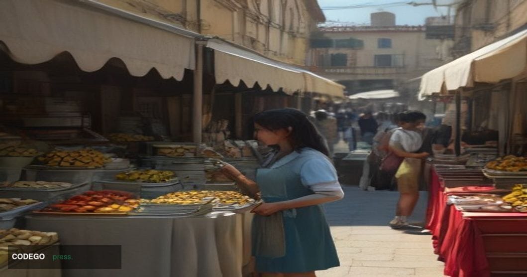 A cinematic editorial photograph set inside a bustling European open-air market — a weathered stone piazza in a Mediterranean