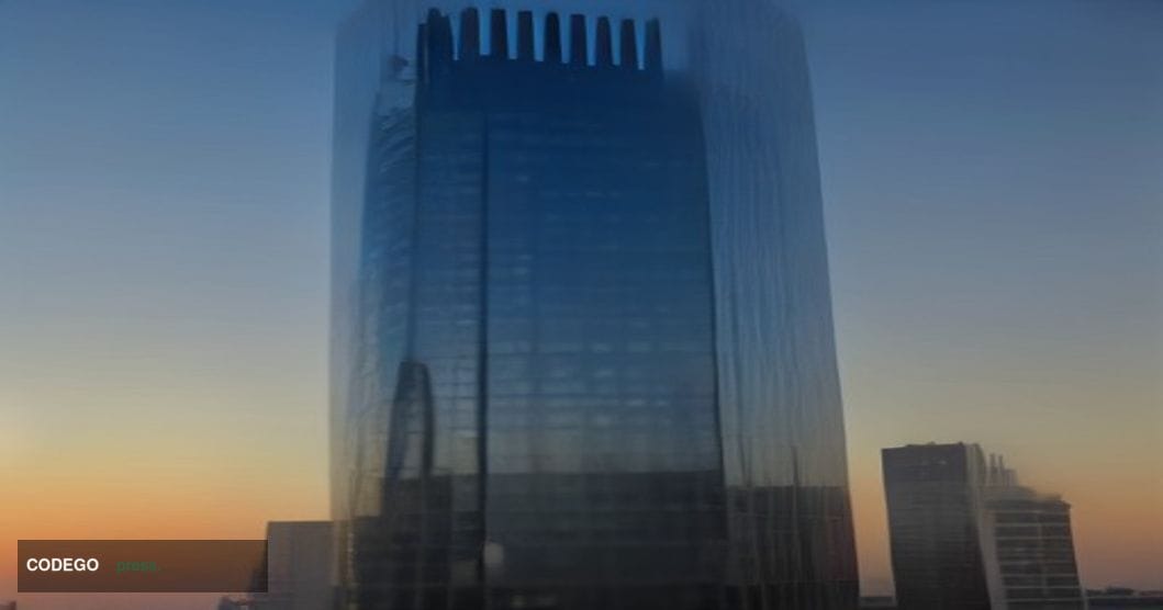 A dramatic cinematic close-up of the European Central Bank's iconic Frankfurt headquarters at dusk — the twin-tower Eurotower