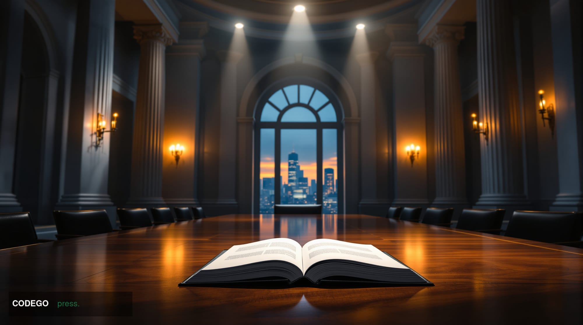 A photorealistic editorial photograph set inside a grand European central banking chamber — soaring marble columns and high v