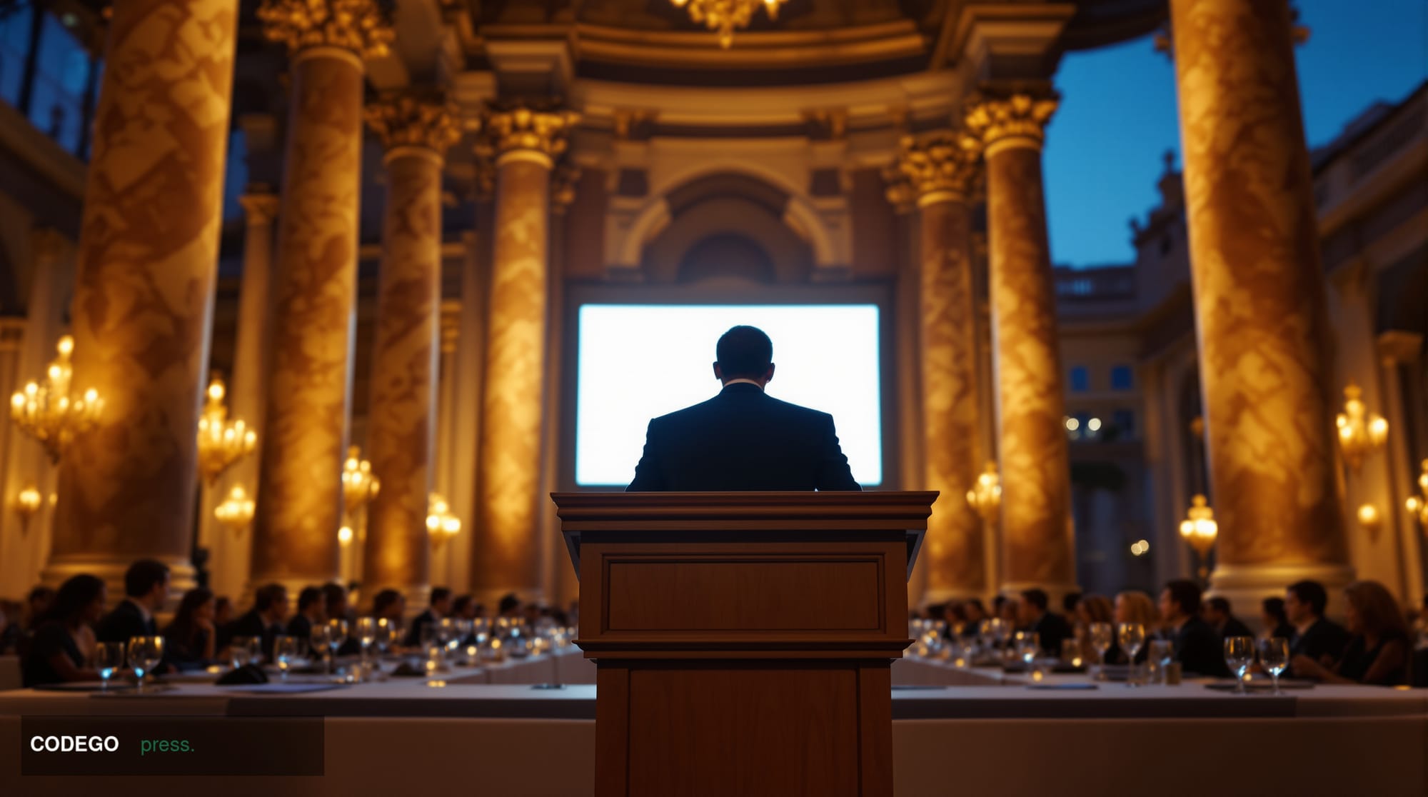 A cinematic editorial photograph set inside a grand historic Roman conference hall at dusk, with tall marble columns and warm