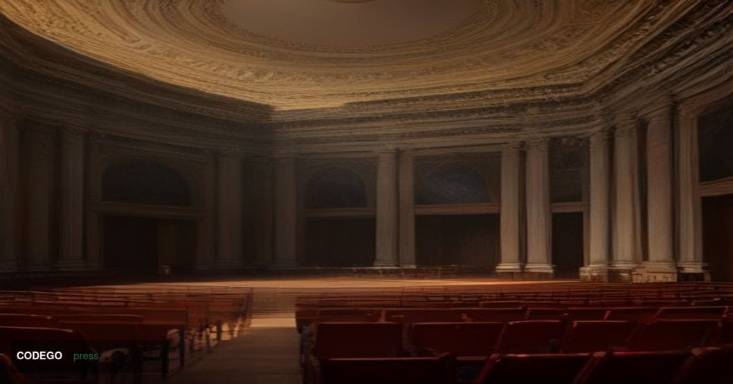 A photorealistic cinematic editorial photograph of a grand classical Italian conference hall in Rome at dusk, shot from a low