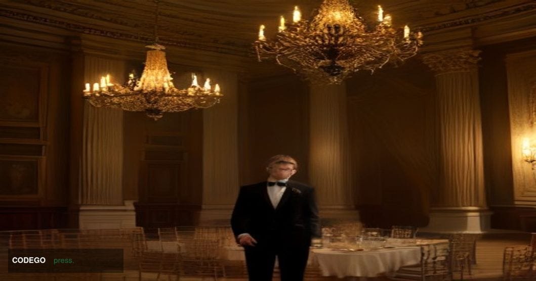 A cinematic editorial photograph set inside a grand neoclassical Roman conference hall at dusk, with warm amber candlelight f