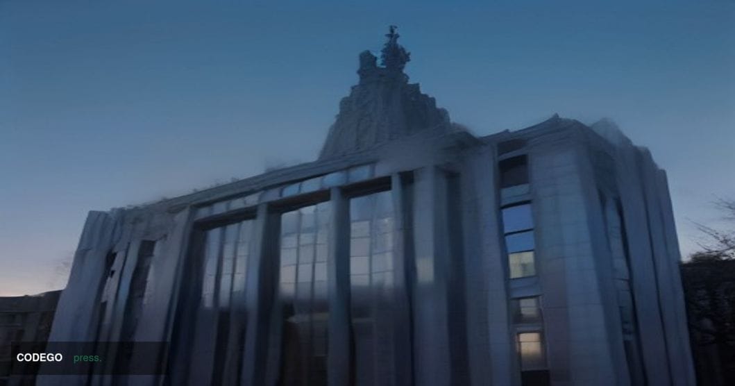 A grand neoclassical European central bank building exterior photographed at dramatic dusk, the kind of imposing stone-and-gl