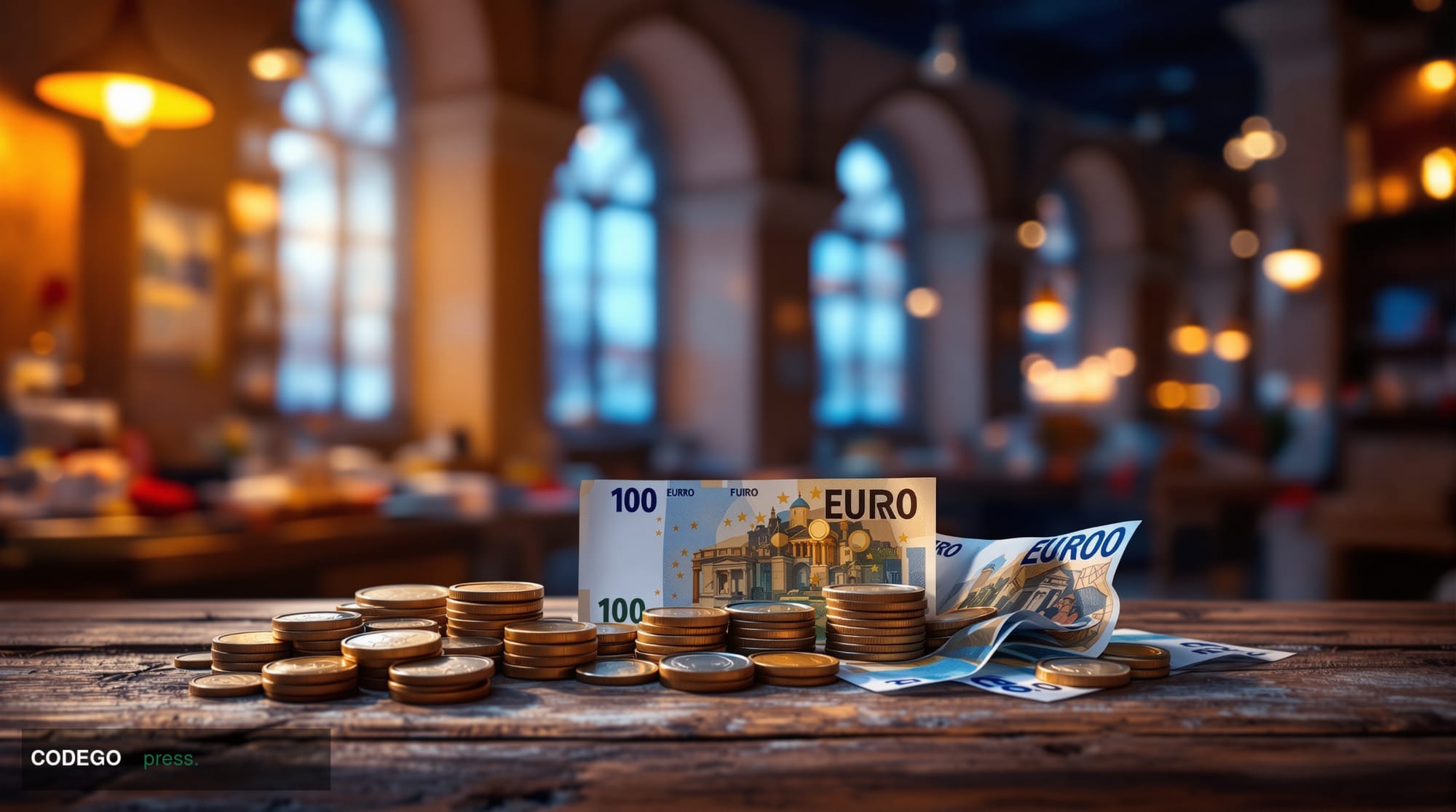 A cinematic editorial photograph set inside a European-style retail market or traditional bank branch interior, with a weathe