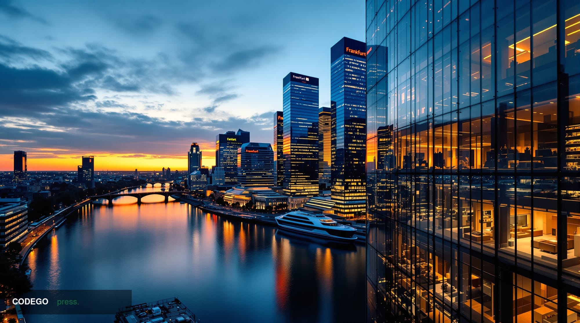 A dramatic cinematic aerial shot looking down at the Frankfurt financial district skyline at dusk, with the distinctive glass
