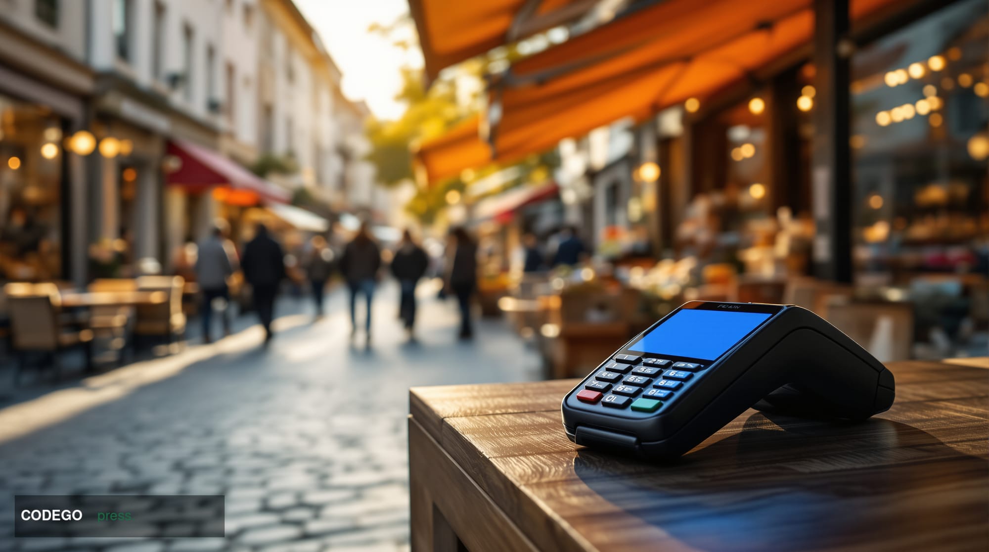 A wide-angle cinematic shot of a bustling European street market in a recognizable euro area city — warm amber afternoon ligh