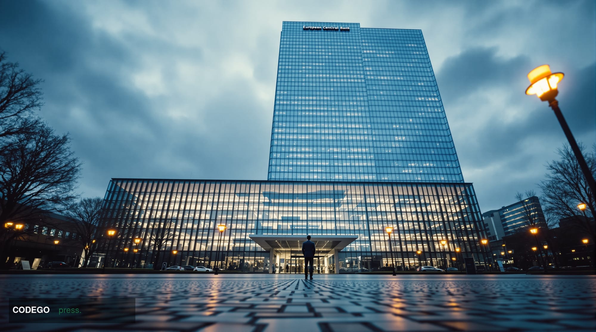 A cinematic editorial photograph shot from a low angle looking up at the iconic glass and steel facade of the European Centra