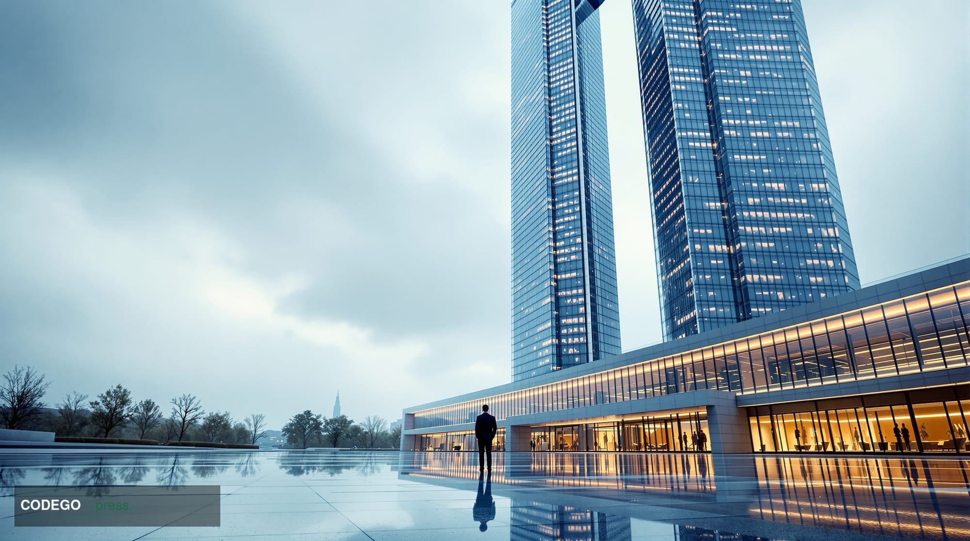 A cinematic editorial photograph set inside a grand European institutional building, evoking the austere glass-and-steel arch