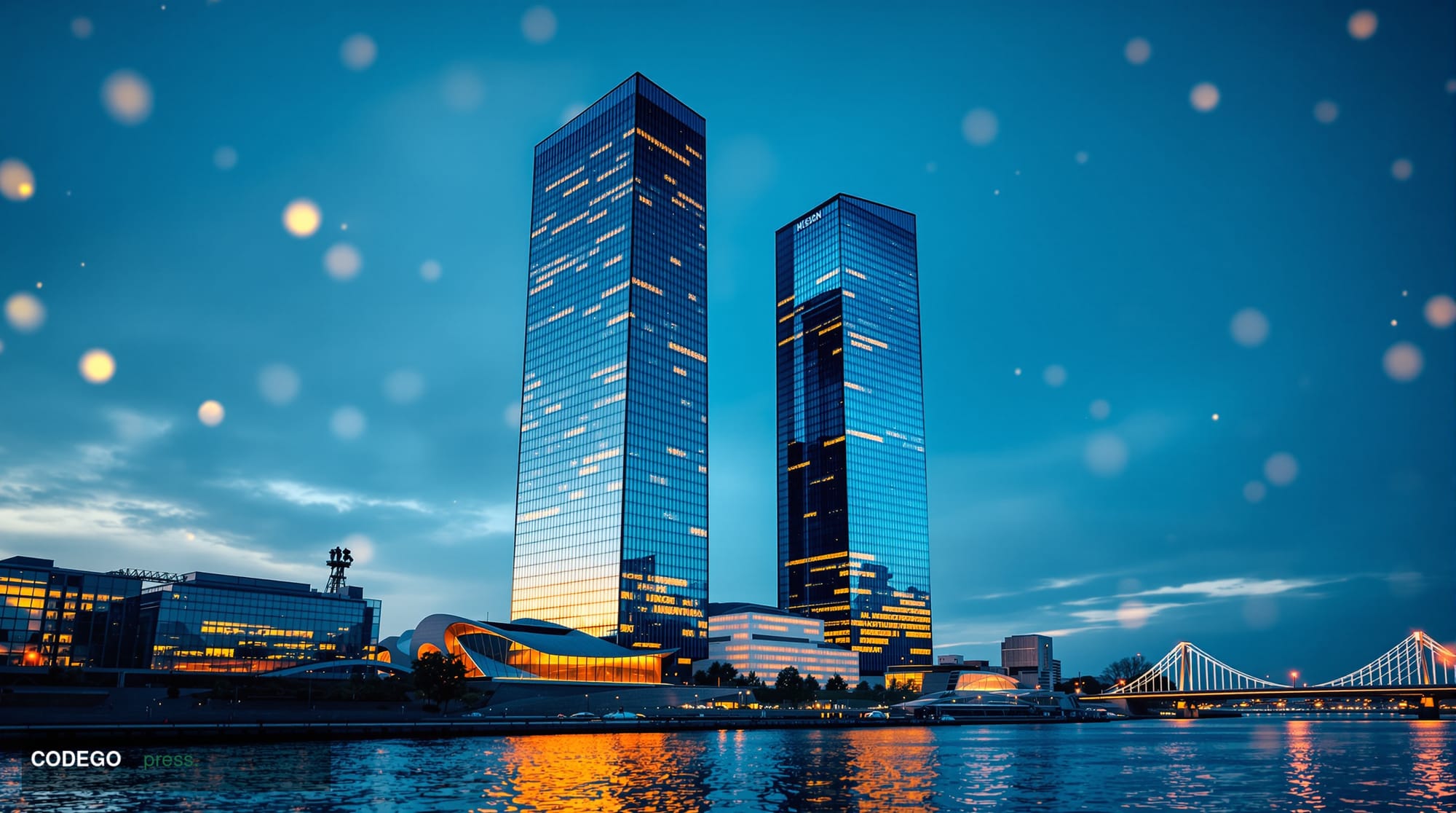 A wide-angle cinematic shot of the European Central Bank's iconic twin-tower glass headquarters in Frankfurt, Germany, photog