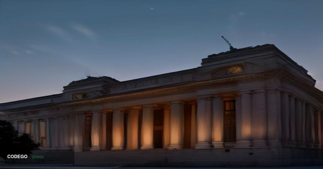 A cinematic editorial photograph depicting an imposing neoclassical central bank building — evoking the Bank for Internationa