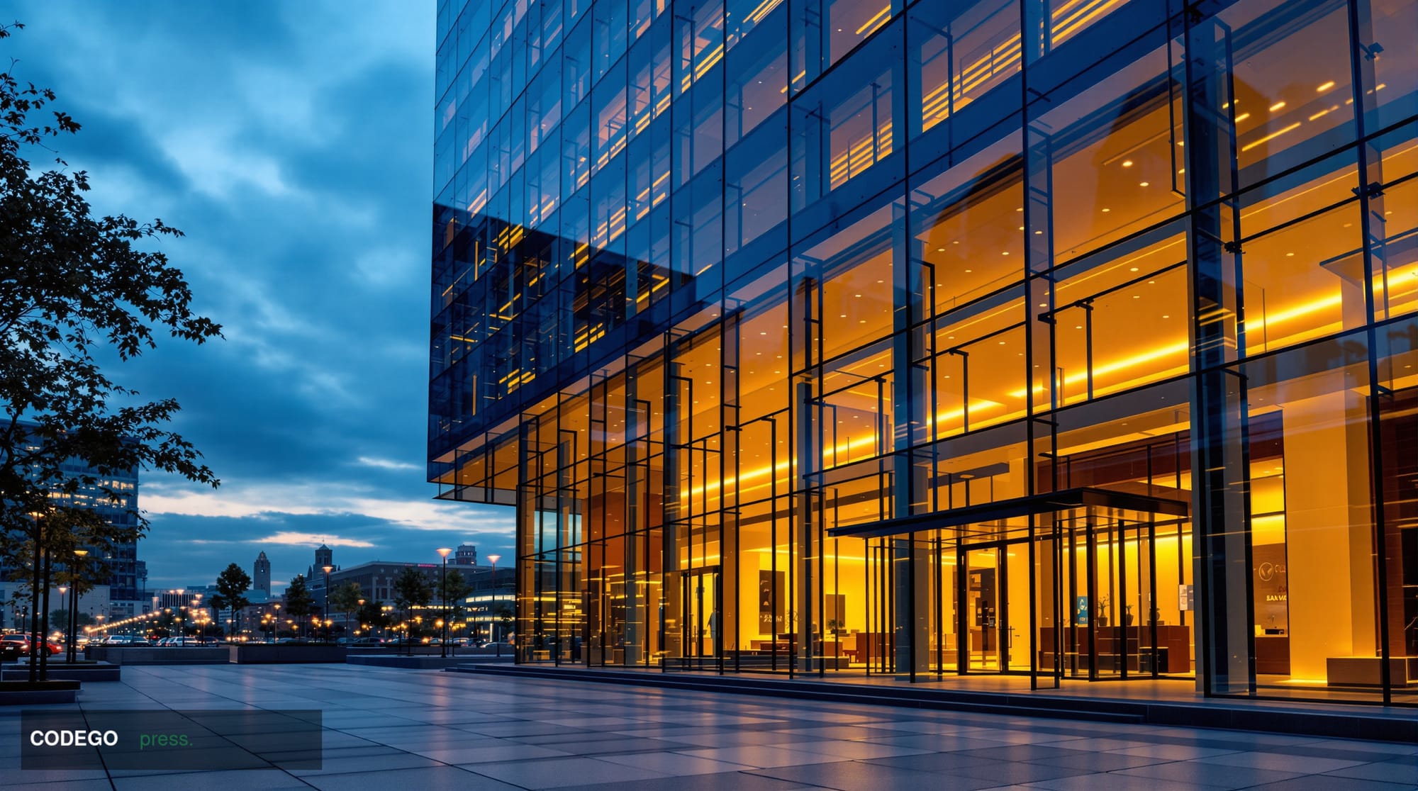 A dramatic cinematic editorial photograph of a sleek, modern glass-and-steel bank headquarters building in Columbus, Ohio, sh