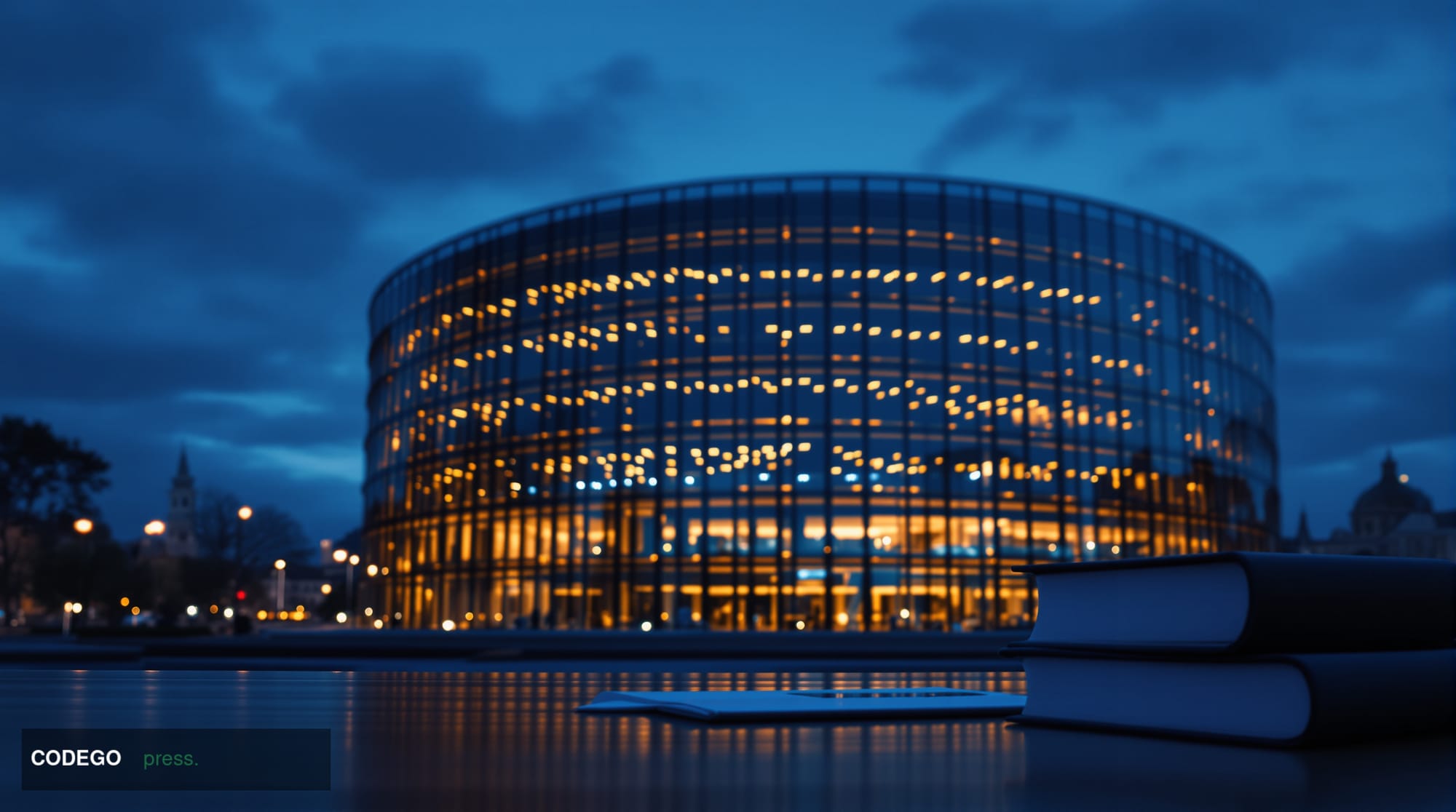 A dramatic cinematic editorial photograph of the European Parliament building in Strasbourg, France, captured at dusk from a 
