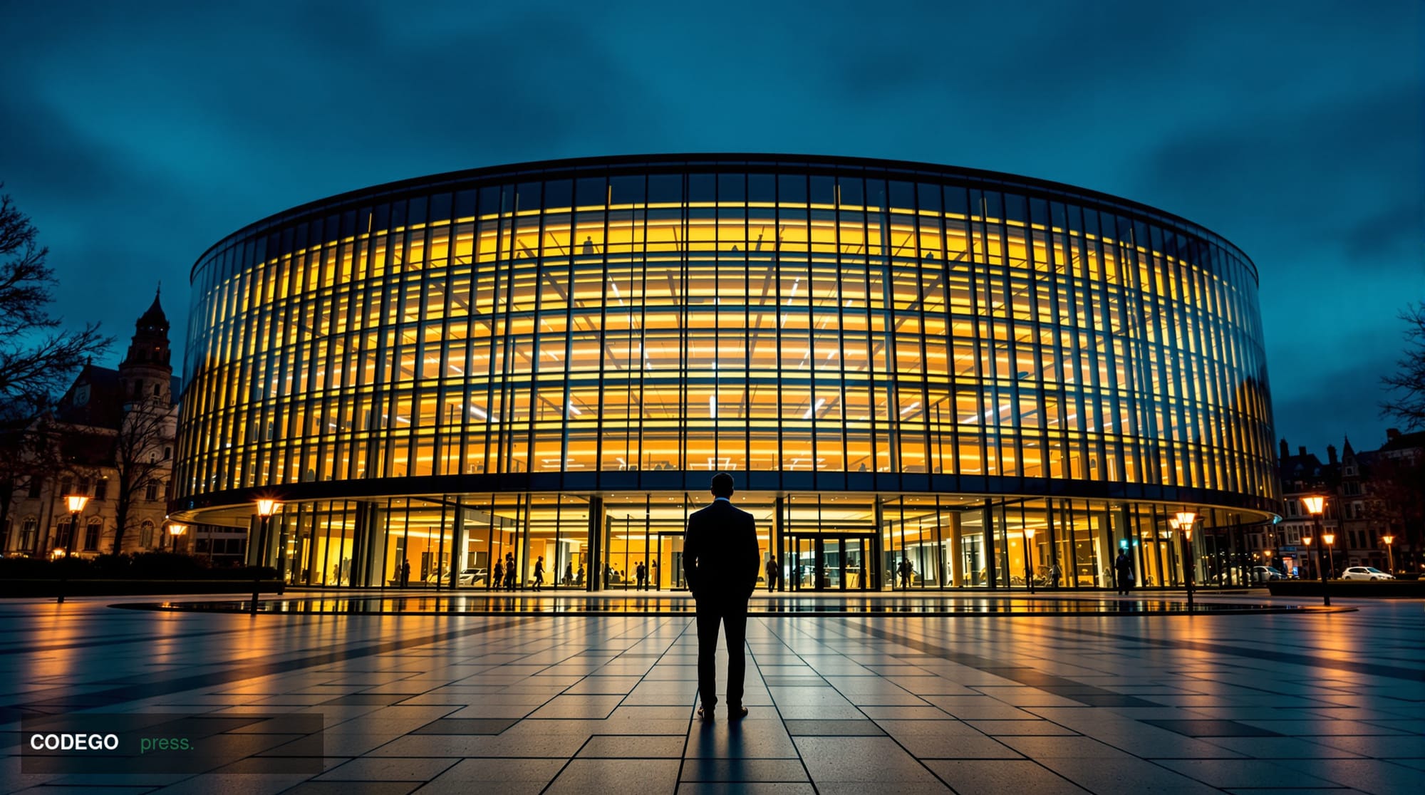 A cinematic wide-angle shot of the iconic European Commission Berlaymont headquarters in Brussels at dusk, its curved glass f