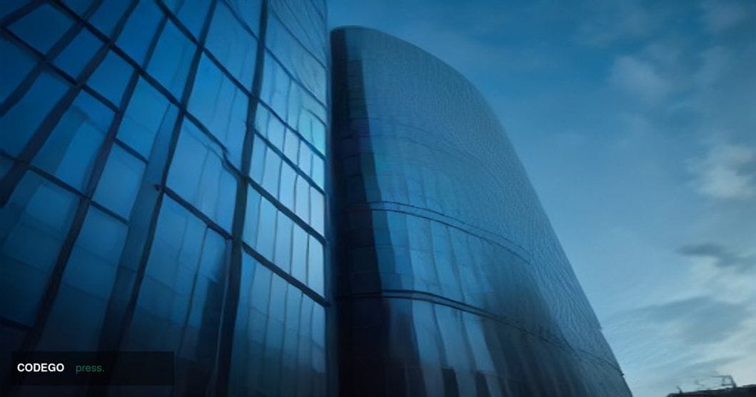 A cinematic editorial photograph taken from a low-angle perspective looking up at the glass-and-steel facade of the European 