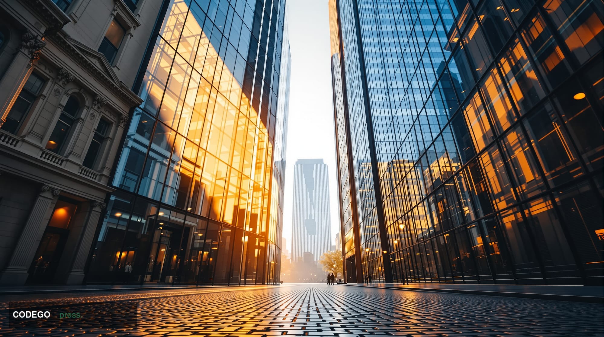 A split-scene cinematic editorial photograph shot from a low angle, looking upward at two imposing glass-and-steel financial 