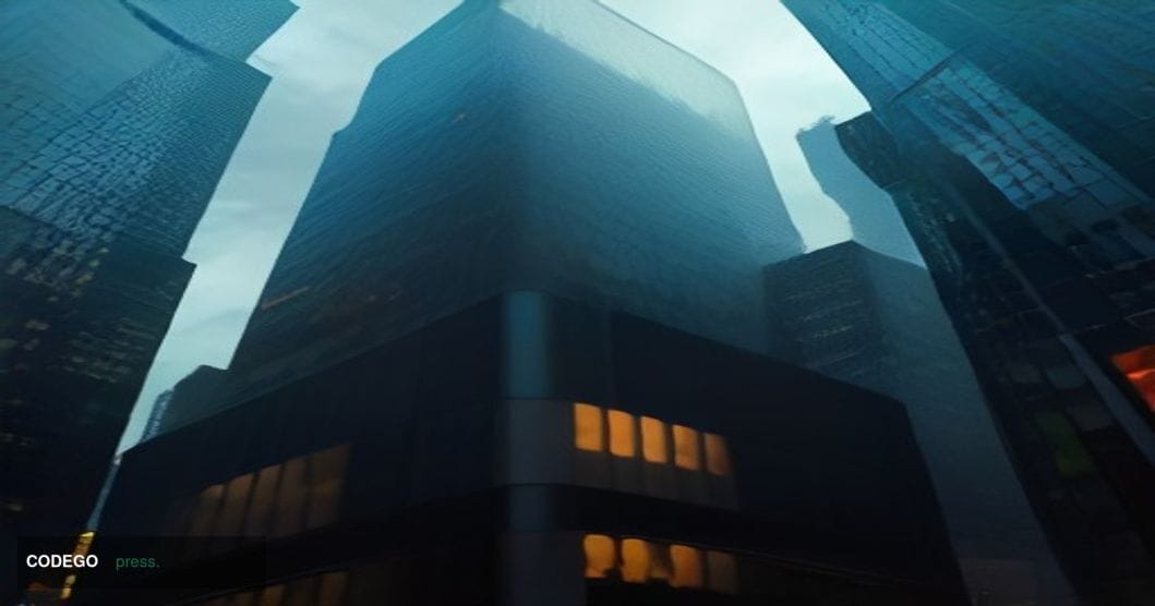 A cinematic editorial photograph of the Nasdaq MarketSite exterior in New York City's Times Square at dusk, shot from a low a