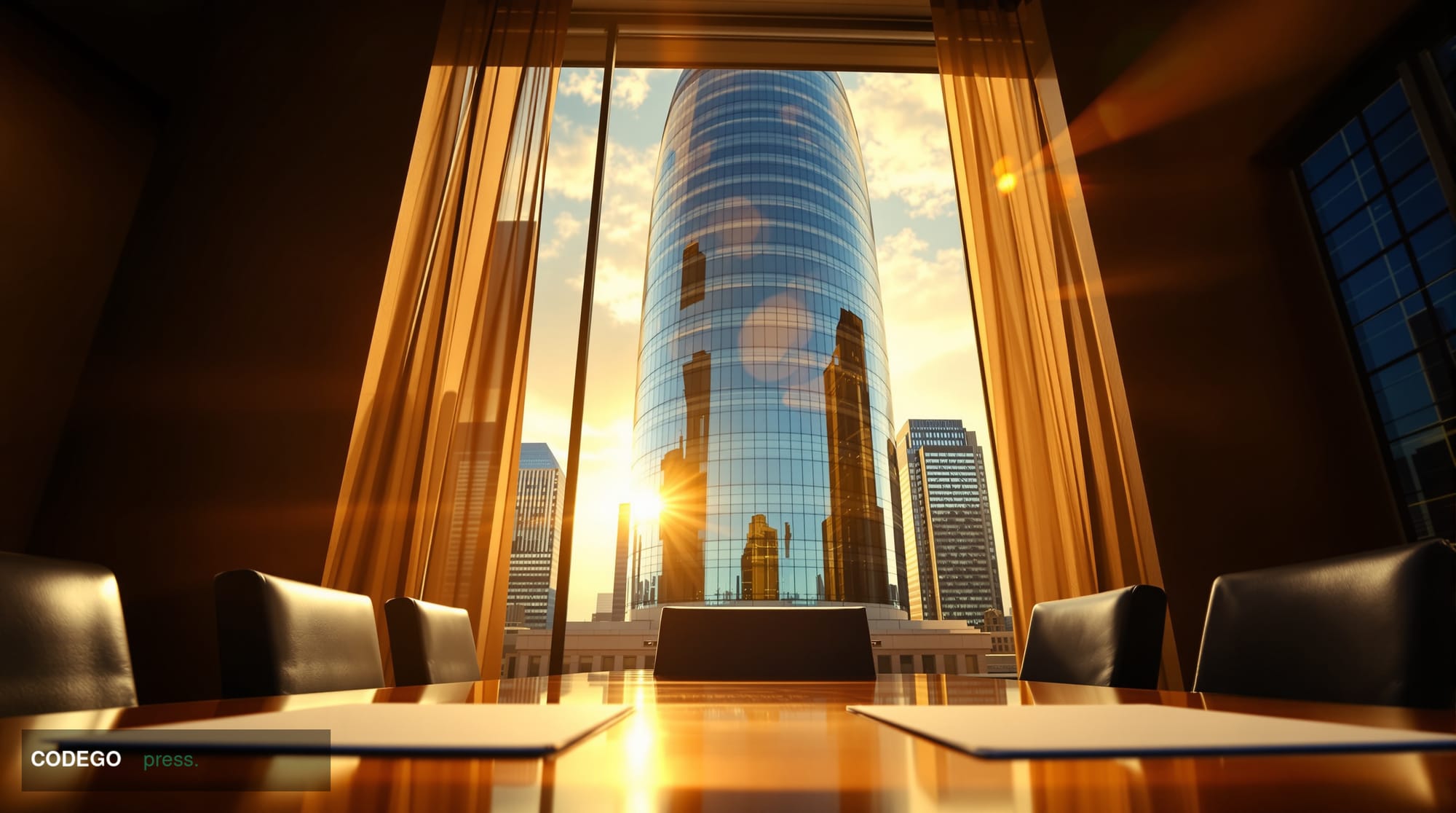 A cinematic editorial photograph set in the heart of Texas's financial district, capturing the sun-drenched glass facade of a